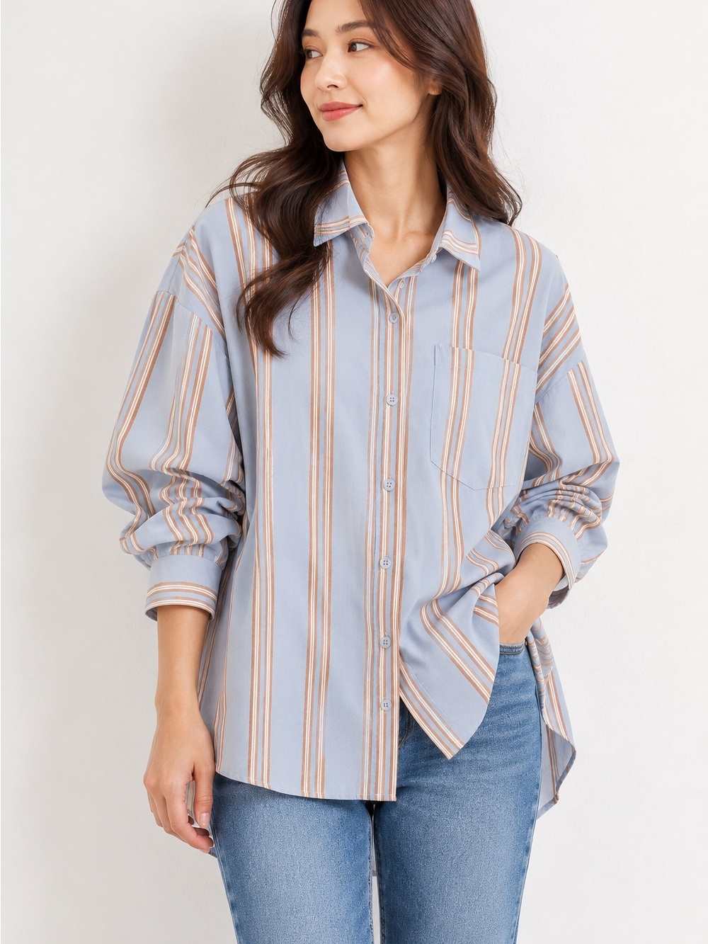 Easel Blue & Tan Striped Oversized Button Down Shirt